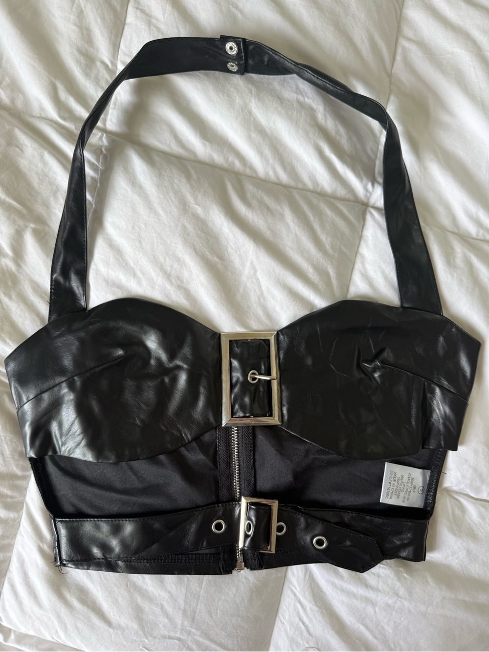 Leather Black Buckle Bustier Crop Top Size Small
